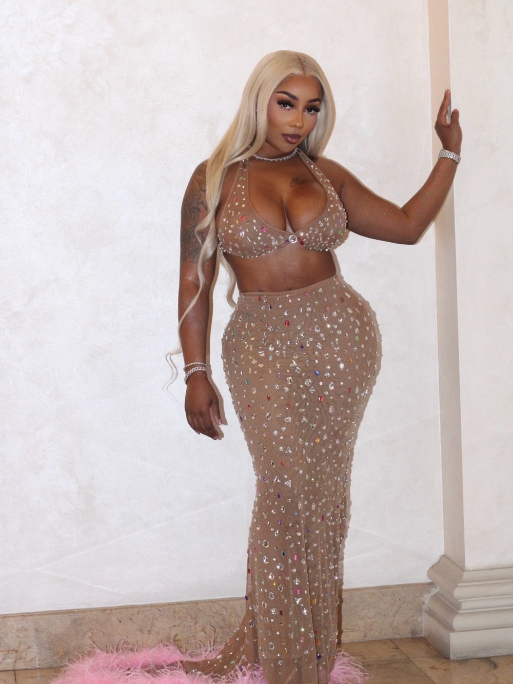 Embellished Nude Sheer Two-Piece Set